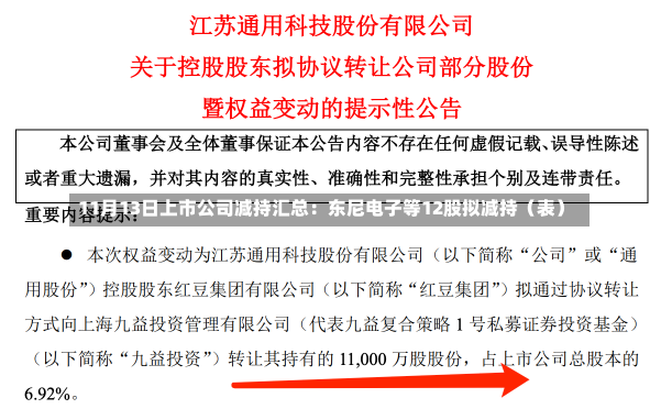 11月13日上市公司减持汇总：东尼电子等12股拟减持（表）-第1张图片-玩游号